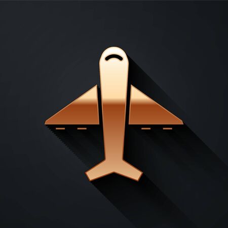 Gold Plane icon isolated on black background. Flying airplane icon. Airliner sign. Long shadow style. Vector Illustrationのイラスト素材