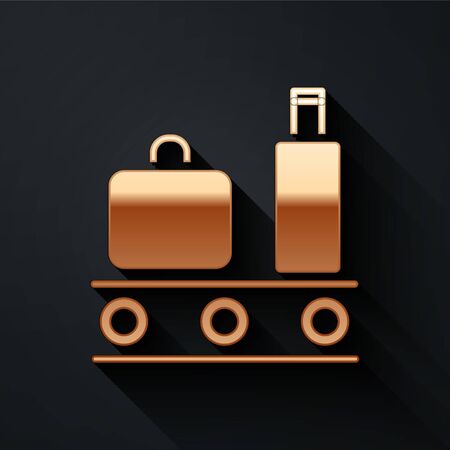 Gold Airport conveyor belt with passenger luggage, suitcase, bag, baggage icon isolated on black background. Long shadow style. Vector Illustrationのイラスト素材