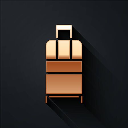 Gold Suitcase for travel icon isolated on black background. Traveling baggage sign. Travel luggage icon. Long shadow style. Vector Illustrationのイラスト素材