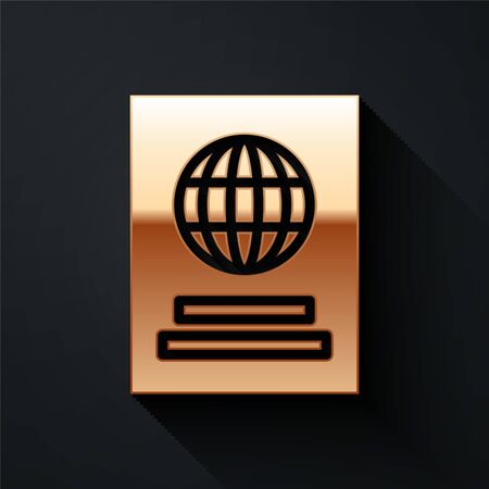 Gold Passport with biometric data icon isolated on black background. Identification Document. Long shadow style. Vector Illustrationのイラスト素材