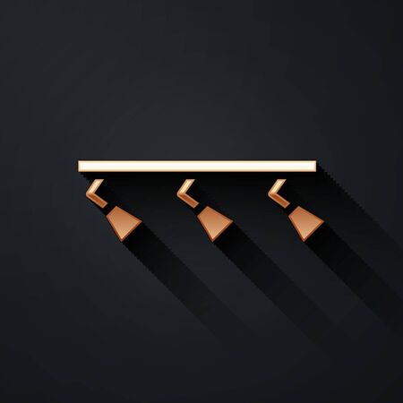 Gold Led track lights and lamps with spotlights icon isolated on black background. Long shadow style. Vector Illustrationのイラスト素材