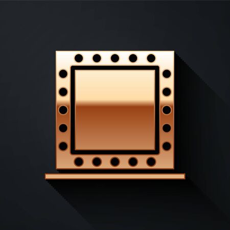 Gold Makeup mirror with lights icon isolated on black background. Long shadow style. Vector Illustrationのイラスト素材