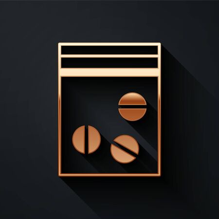 Gold Plastic bag of drug icon isolated on black background. Health danger. Long shadow style. Vector Illustrationのイラスト素材