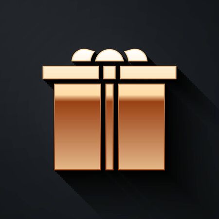 Gold Gift box icon isolated on black background. Happy Birthday. Long shadow style. Vector Illustrationのイラスト素材