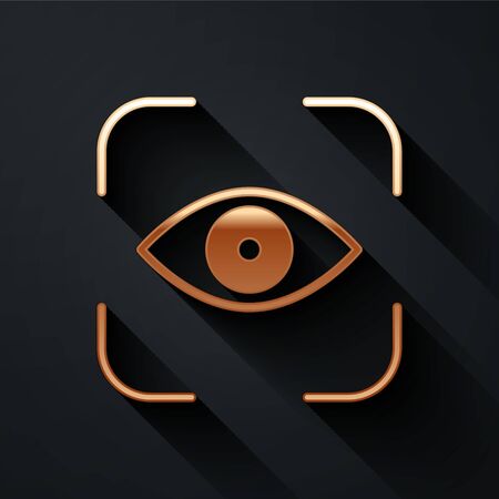 Gold Eye scan icon isolated on black background. Scanning eye. Security check symbol. Cyber eye sign. Long shadow style. Vector Illustrationのイラスト素材