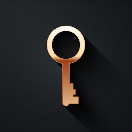 Gold Old key icon isolated on black background. Long shadow style. Vector Illustrationのイラスト素材