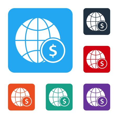 White Earth globe with dollar symbol icon isolated on white background. World or Earth sign. Global internet symbol. Geometric shapes. Set icons in color square buttons. Vector Illustrationのイラスト素材