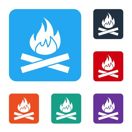 White Campfire icon isolated on white background. Burning bonfire with wood. Set icons in color square buttons. Vector Illustrationのイラスト素材