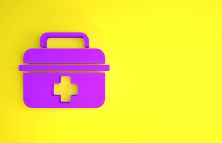 Purple First aid kit icon isolated on yellow background. Medical box with cross. Medical equipment for emergency. Healthcare concept. Minimalism concept. 3d illustration 3D renderの写真素材