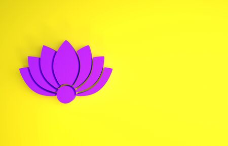 Purple Lotus flower icon isolated on yellow background. Minimalism concept. 3d illustration 3D renderの写真素材