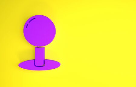 Purple Push pin icon isolated on yellow background. Thumbtacks sign. Minimalism concept. 3d illustration 3D renderの写真素材
