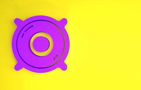 Purple Stereo speaker icon isolated on yellow background. Sound system speakers. Music icon. Musical column speaker bass equipment. Minimalism concept. 3d illustration 3D renderの写真素材