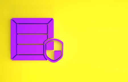 Purple Delivery pack security with shield icon isolated on yellow background. Delivery insurance. Insured cardboard boxes beyond the shield. Minimalism concept. 3d illustration 3D renderの写真素材