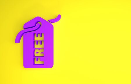 Purple Price tag with an inscription Free icon isolated on yellow background. Badge for price. Promo tag discount. Minimalism concept. 3d illustration 3D renderの写真素材