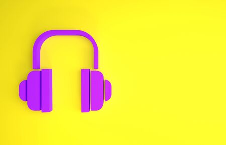 Purple Headphones icon isolated on yellow background. Support customer service, hotline, call center, faq, maintenance. Minimalism concept. 3d illustration 3D renderの写真素材