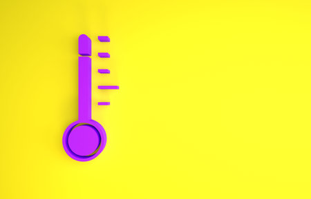 Purple Meteorology thermometer measuring icon isolated on yellow background. Thermometer equipment...