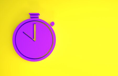 Purple Stopwatch icon isolated on yellow background. Time timer sign. Chronometer sign. Minimalism concept. 3d illustration 3D renderの写真素材
