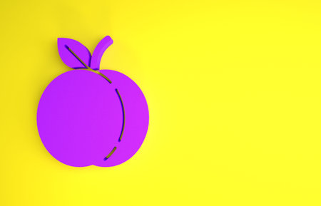Purple Peach fruit or nectarine with leaf icon isolated on yellow background. Minimalism concept. 3d illustration 3D renderの写真素材