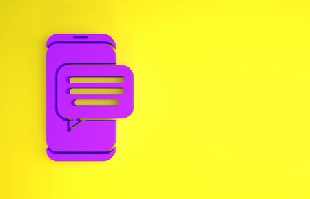 Purple New chat messages notification on phone icon isolated on yellow background. Smartphone chatting sms messages speech bubbles. Minimalism concept. 3d illustration 3D renderの写真素材