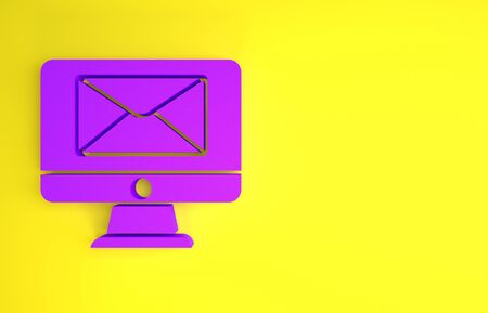 Purple Monitor and envelope, new message, mail icon isolated on yellow background. Usage for e-mail newsletters, headers, blog posts. Minimalism concept. 3d illustration 3D renderの写真素材