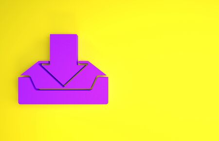 Purple Download inbox icon isolated on yellow background. Minimalism concept. 3d illustration 3D renderの写真素材
