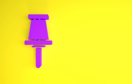 Purple Push pin icon isolated on yellow background. Thumbtacks sign. Minimalism concept. 3d illustration 3D renderの写真素材