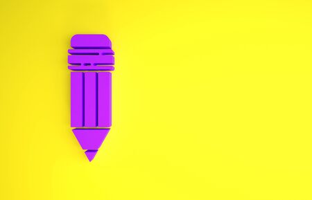 Purple Pencil with eraser icon isolated on yellow background. Drawing and educational tools. School office symbol. Minimalism concept. 3d illustration 3D renderの写真素材