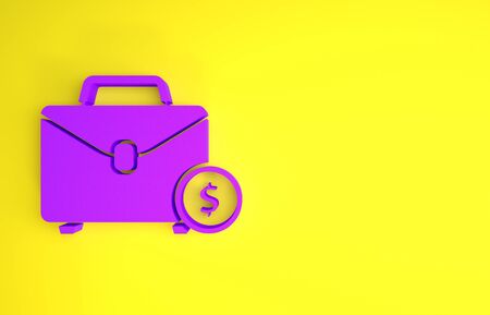 Purple Briefcase and money icon isolated on yellow background. Business case sign. Business portfolio. Minimalism concept. 3d illustration 3D renderの写真素材