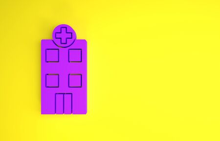 Purple Medical hospital building with cross icon isolated on yellow background. Medical center. Health care. Minimalism concept. 3d illustration 3D renderの写真素材