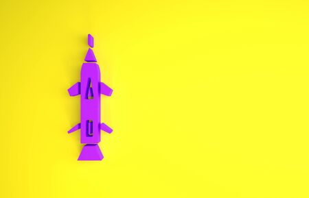 Purple Rocket icon isolated on yellow background. Minimalism concept. 3d illustration 3D renderの写真素材