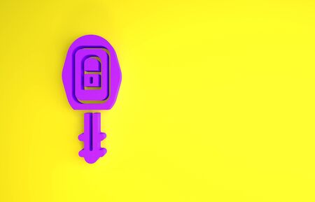 Purple Car key with remote icon isolated on yellow background. Car key and alarm system. Minimalism concept. 3d illustration 3D renderの写真素材