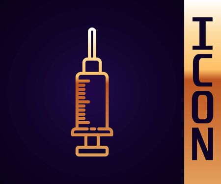 Gold line Syringe icon isolated on black background. Syringe for vaccine, vaccination, injection, flu shot. Medical equipment. Vector Illustrationのイラスト素材
