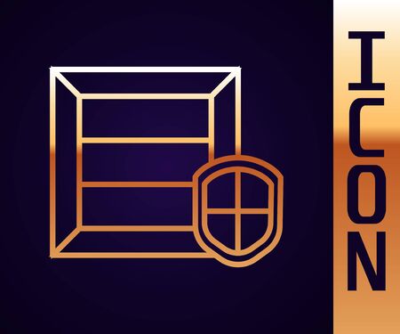 Gold line Delivery pack security with shield icon isolated on black background. Delivery insurance. Insured cardboard boxes beyond the shield. Vector Illustrationのイラスト素材