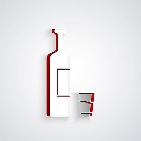Paper cut Whiskey bottle and glass icon isolated on grey background. Paper art style. Vector Illustrationのイラスト素材