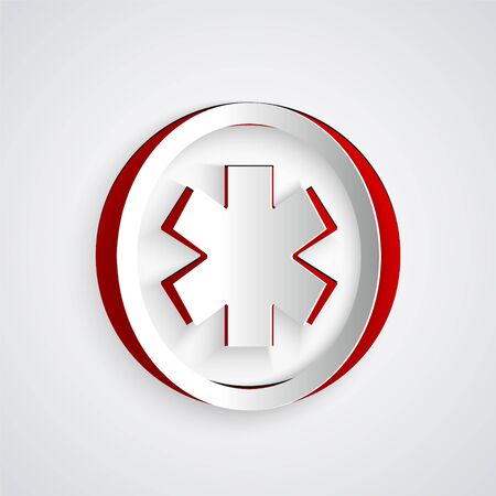 Paper cut Medical symbol of the Emergency - Star of Life icon isolated on grey background. Paper art style. Vector Illustrationのイラスト素材