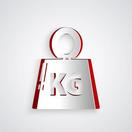 Paper cut Weight icon isolated on grey background. Kilogram weight block for weight lifting and scale. Mass symbol. Paper art style. Vector Illustrationのイラスト素材