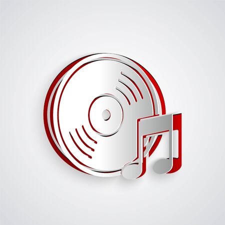 Paper cut Vinyl disk icon isolated on grey background. Paper art style. Vector Illustrationのイラスト素材