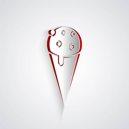 Paper cut Ice cream in waffle cone icon isolated on grey background. Sweet symbol. Paper art style. Vector Illustrationのイラスト素材