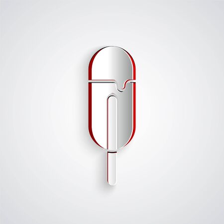 Paper cut Ice cream icon isolated on grey background. Sweet symbol. Paper art style. Vector Illustrationのイラスト素材