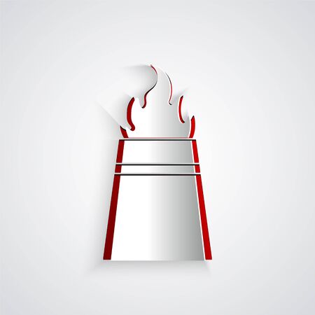 Paper cut Oil rig with fire icon isolated on grey background. Fire accident. Gas tower. Industrial object. Paper art style. Vector Illustrationのイラスト素材
