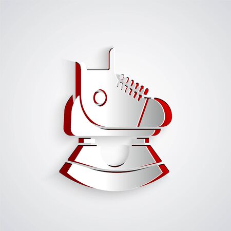 Paper cut Skates icon isolated on grey background. Ice skate shoes icon. Sport boots with blades. Paper art style. Vector Illustrationのイラスト素材