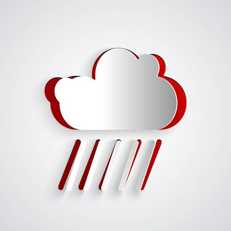 Paper cut Cloud with rain icon isolated on grey background. Rain cloud precipitation with rain drops. Paper art style. Vector Illustrationのイラスト素材