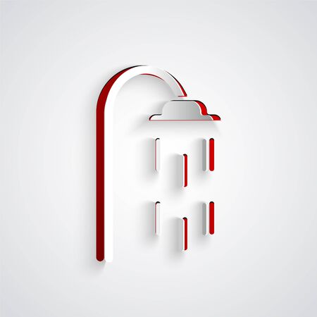 Paper cut Shower head with water drops flowing icon isolated on grey background. Paper art style. Vector Illustrationのイラスト素材