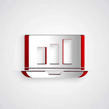 Paper cut Laptop with graph chart icon isolated on grey background. Report text file icon. Accounting sign. Audit, analysis, planning. Paper art style. Vector Illustrationのイラスト素材