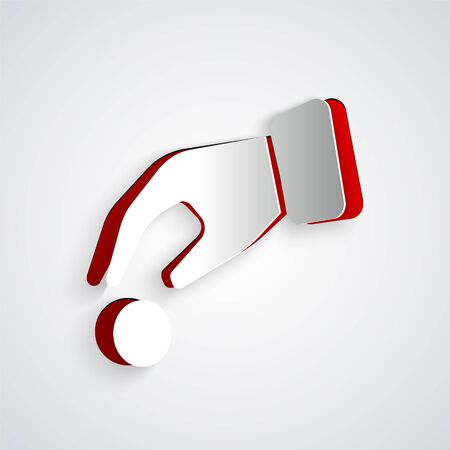 Paper cut Hand holding casino chips icon isolated on grey background. Casino gambling. Paper art style. Vector Illustrationのイラスト素材