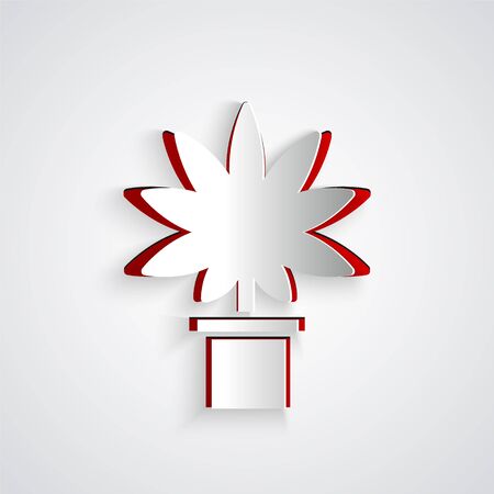 Paper cut Medical marijuana or cannabis plant in pot icon isolated on grey background. Marijuana growing concept. Hemp potted plant. Paper art style. Vector Illustrationのイラスト素材