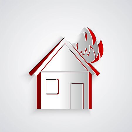 Paper cut Fire in burning house icon isolated on grey background. Paper art style. Vector Illustrationのイラスト素材