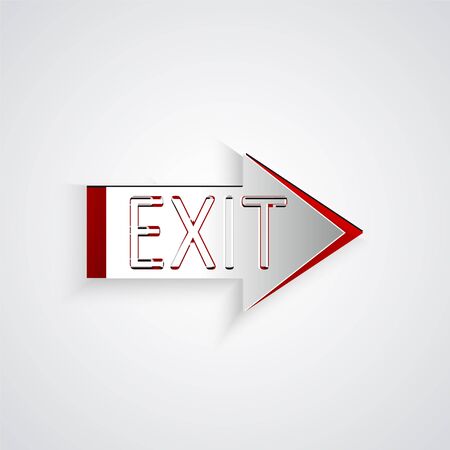 Paper cut Fire exit icon isolated on grey background. Fire emergency icon. Paper art style. Vector Illustrationのイラスト素材