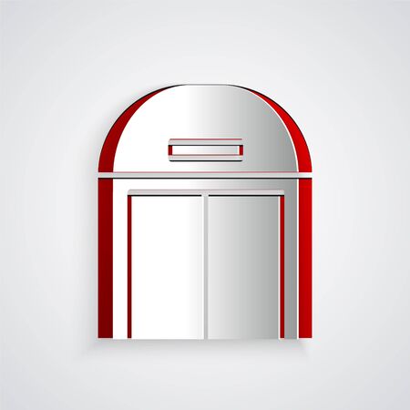 Paper cut Aircraft hangar icon isolated on grey background. Paper art style. Vector Illustrationのイラスト素材