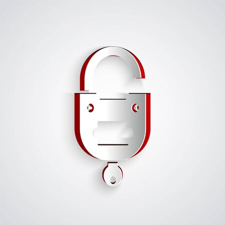Paper cut Lock and key icon isolated on grey background. Padlock sign. Security, safety, protection, privacy concept. Paper art style. Vector Illustrationのイラスト素材